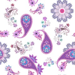 Seamless pattern with paisley, flowers and mandala isolated on white background. Print for fabric.