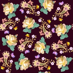Seamless repeat pattern with luxury yellow roses and paisley with elegant bouquets of garden flowers on dark brown background. Print for fabric. Indian, russian motifs.