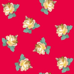 Seamless natural pattern with yellow rose flowers on red background. Print for fabric.