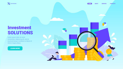 Investment solutions landing page design. Financial services, business growth, startup, profit growth concept for web site or banner. Trendy flat vector illustration with tiny characters.