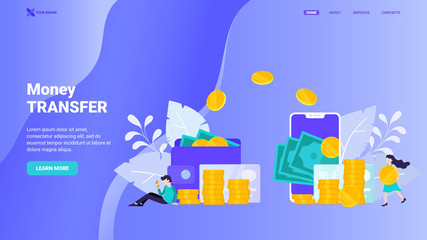 Money transfer landing page template, easy to use and customize. Flat vector illustration with small characters for banner, web site, hero image. Online payment, online money transaction, payment.