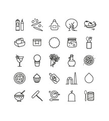 série de symboles sur l'olive, la provence, la récolte, la dégustation, la cuisine, les vacances, l'hébergement