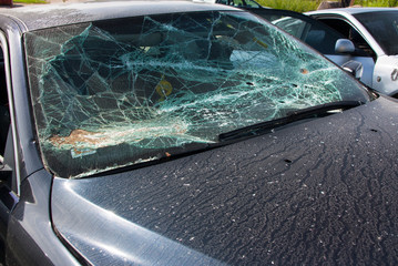 close-up of a completely broken car windshield