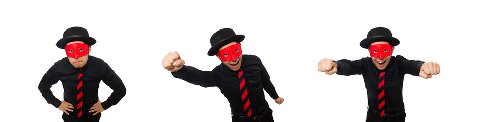Young man with red mask isolated on white