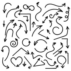 Super set different hand-drawn arrows, vector graphic design. Abstract arrows in hand drawn style for concept design. Doodle illustration. Vector template for decoration
