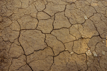 Top down view on dried cracked earth soil ground texture background. Mosaic pattern of sunny dried earth soil