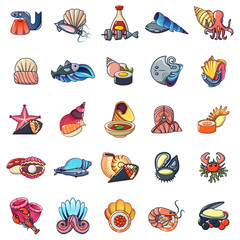 Seafood icons set. Cartoon set of 25 seafood vector icons for web isolated on white background