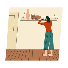 Woman with her cat. Woman dressed it trendy clothes spending time with a pet - Taking picture of cat. Flat vector illustration.