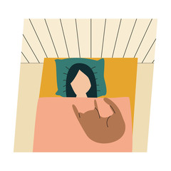 Woman with her cat. Woman dressed it trendy clothes spending time with a pet - sleeping with cat. Flat vector illustration