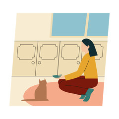 Woman with her cat. Woman dressed it trendy clothes spending time with a pet - feeding cat. Flat vector illustration