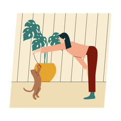 Woman with her cat. Woman dressed it trendy clothes spending time with a pet - sitting near cat near a tropical plant in a pot. Flat vector illustration