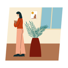 Woman with her cat. Woman dressed it trendy clothes spending time with a pet - holding cat. Flat vector illustration