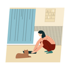 Woman with her cat. Woman dressed it trendy clothes spending time with a pet - cleaning cat's litter box. Flat vector illustration