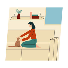 Woman with her cat. Woman dressed it trendy clothes spending time with a pet - petting cat. Flat vector illustration