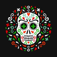 Mexican style ornamental sugar skull. National flag colored ornate circle backdrop of flourishes, hearts and crosses. EPS 10 vector tribal design colorful illustration.