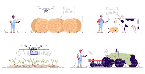 Smart agriculture flat vector illustrations set. Hi-tech autonomous farming cartoon concepts with outline. Agricultural drones, UAV. Precision ag digital technologies and innovations, IOT in farming