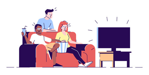 Friends watching films flat vector illustration. Boys, girl in 3d glasses enjoy TV series, movie at home. Students eating popcorn isolated cartoon characters with outline elements on white background