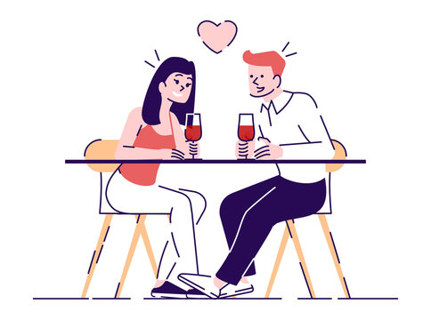 Couple dating in cafe flat vector illustrations. Romantic boy and girl sitting at restaurant table. Young people drink wine, flirt isolated cartoon characters with outline elements on white background