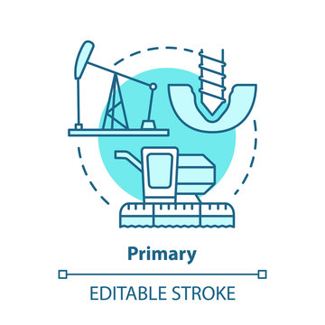 Primary Blue Concept Icon. Product Fabrication And Construction Idea Thin Line Illustration. Primary Industry. Raw Materials Production Equipment. Vector Isolated Outline Drawing. Editable Stroke