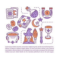 Witchcraft article page vector template. Brochure, magazine, booklet design element with linear icons and text boxes. Witch potion and spellbook. Print design. Concept illustrations with text space