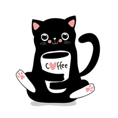 Kawaii black cat with coffee cup. Cute vector illustration