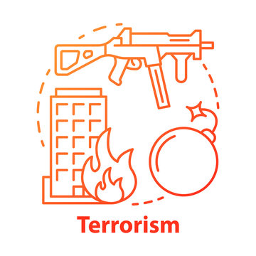 Terrorism Concept Icon. Gun Violence Idea Thin Line Illustration. War & Terror. Terrorist Military Attack, Explosion. Extremism. Rifle And Bomb. Vector Isolated Outline Drawing