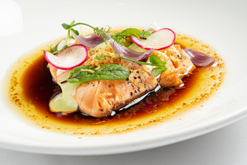 roasted salmon with vegetables and herbs