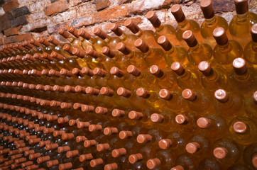 expensive bottles of white dry wine. bottle warehouse in an old wine cellar