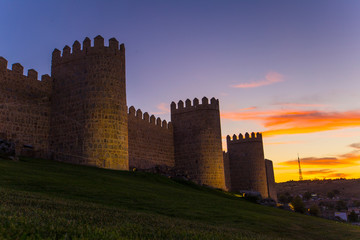 Sunset beautiful wall of Avila, spain