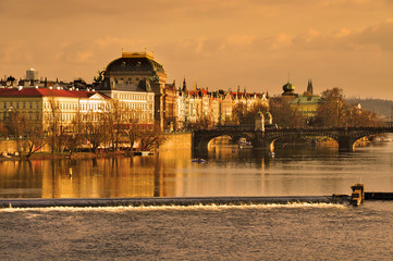 Fototapeta premium Prague city street National theatre building by river Vltava
