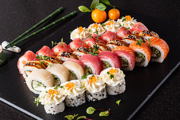 sushi set on the black background