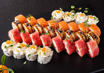 sushi set on the black background