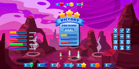 Fantasy space cartoon game concept background and Ui basic buttons and icons © hadeev