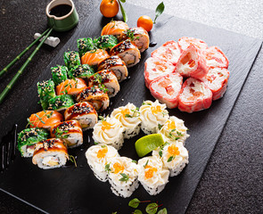 sushi set on the black background