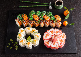 sushi set on the black background