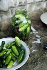Bank with pickled cucumbers and jars lids for canning.