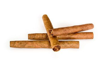 Four tobacco cigarillos isolated on white background with shadow. Closeup, high resolution.