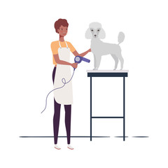 young woman with dog in pet groomer