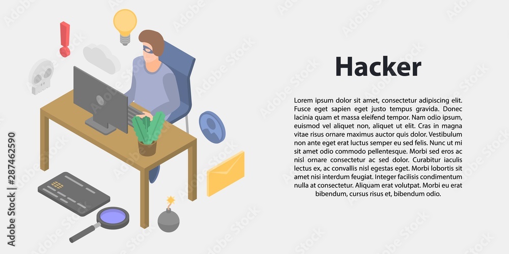 Poster hacker concept banner. isometric illustration of hacker vector concept banner for web design