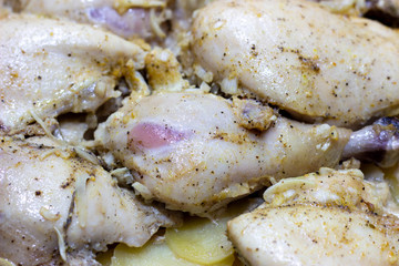 Italian casseroled chicken breast with gnocchi pasta and cherry tomatoes. chicken casserole. casserole of chicken macro