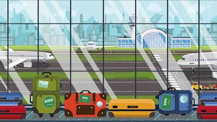 Suitcases with Saudi Arabia flag stickers on baggage carousel in airport. Tourism related loopable cartoon animation