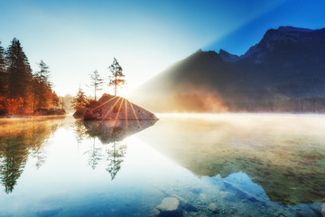 Lake Hintersee in Germany, Bavaria, National Park Ramsau in Alps. Beautiful autumnal Alpine...
