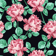 Vintage floral seamless pattern with hand drawn garden roses. Elegant pastel rose and green design with leaves and flowers on black background