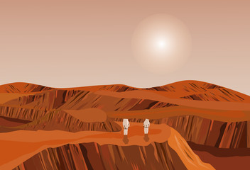 Two astronauts are walking on the surface of Mars. With brown mountains in the background