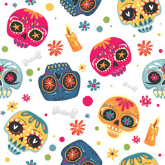 Materiał do szycia Mexican holiday Day of the Dead , Dia de los Muertos . Seamless pattern with sugar skulls and flowers