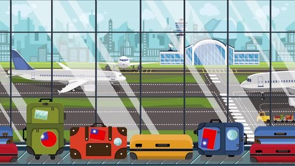 Suitcases with Taiwanese flag stickers on baggage carousel in airport. Tourism in Taiwan related loopable cartoon animation