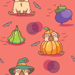 seamless halloween pattern with pug dog character in pumpkin costume and witch hat with cauldron and with flying bats vector illustration 