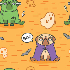 seamless halloween pattern with pug dog character in frakenstein costume and vampire dracula with flying ghosts  skulls bats vector illustration 