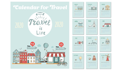 2020 Calendar of Travel. Template with cartoon City Skyline. Vector hand drawn Illustration. Template for Print. Week starts from Sunday.