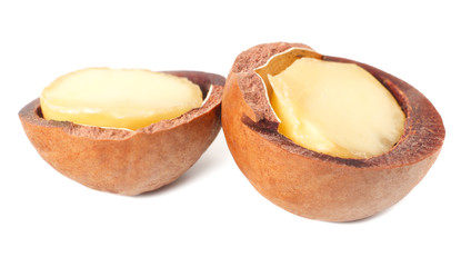 two halves of a macadamia nut isolated on a white background